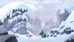 Size: 1366x768 | Tagged: safe, screencap, queen chrysalis, starlight glimmer, g4, the ending of the end, cold, mountain, outdoors, snow, wind