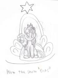 Size: 540x725 | Tagged: safe, artist:red-supernova64, twilight sparkle, alicorn, pony, g4, season 9, angry, cider, conker's bad fur day, crude sketch, female, monochrome, parody of a parody, solo, throne, twilight sparkle (alicorn), video game reference