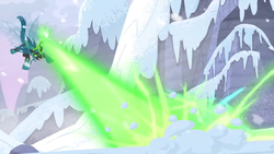 Size: 1366x768 | Tagged: safe, screencap, queen chrysalis, changeling, g4, the ending of the end, blast, female, flying, magic, magic beam, magic blast, mountain, snow, solo, wind