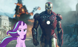 Size: 1360x816 | Tagged: safe, edit, editor:secrettitan, starlight glimmer, pony, unicorn, g4, the ending of the end, badass, cool guys don't look at explosions, explosion, female, frown, iron man, lidded eyes, mare, starlight glimmer in places she shouldn't be, walking away from explosion, windswept mane