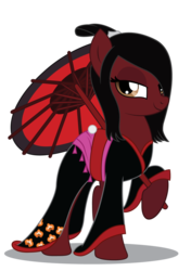 Size: 750x1065 | Tagged: safe, artist:dragonchaser123, artist:supersaiyand, oc, oc only, oc:canna thorn, earth pony, pony, fanfic:break the walls down, asian, chinese, clothes, crossover, fanfic art, female, flower, japanese, kimono (clothing), mare, robe, simple background, solo, topknot, transparent background, umbrella, vector