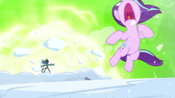 Size: 1366x768 | Tagged: safe, screencap, queen chrysalis, starlight glimmer, g4, the ending of the end, aura, blast, duo, explosion, knock out, magic, magic blast, snow