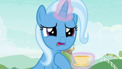 Size: 1920x1080 | Tagged: safe, screencap, trixie, pony, unicorn, g4, student counsel, cup, female, glowing horn, horn, magic, mare, open mouth, solo, teacup, telekinesis
