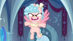 Size: 1366x768 | Tagged: safe, screencap, cozy glow, alicorn, pony, g4, the ending of the end, alicornified, banner, bow, cozycorn, crescent moon, evil laugh, female, flying, laughing, moon, pure concentrated unfiltered evil of the utmost potency, pure unfiltered evil, race swap, solo, tail bow
