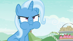 Size: 1280x720 | Tagged: safe, screencap, trixie, pony, unicorn, g4, student counsel, cupcake, eating, female, food, mare, puffy cheeks, sandwich, solo