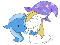 Size: 976x736 | Tagged: safe, artist:lowname, edit, prince blueblood, trixie, pony, unicorn, g4, cropped, female, kissing, male, mare, ship:bluetrix, shipping, simple background, stallion, straight, white background