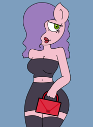 Size: 720x986 | Tagged: safe, artist:lightning135, oc, oc only, earth pony, anthro, amputee, bag, beauty mark, belly button, breasts, cleavage, clothes, digital art, female, hair over one eye, midriff, milf, miniskirt, red lipstick, simple background, skirt, smiling, socks, solo, stockings, thigh highs, tube skirt, tube top, wrinkles