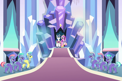 Size: 1618x1079 | Tagged: safe, screencap, amethyst stone, princess cadance, princess flurry heart, radiant gold, ruby armor, shining armor, teal crescent, alicorn, pony, unicorn, g4, the ending of the end, armor, cropped, crystal empire, crystal guard, crystal guard armor, crystal palace, female, foal, male, mare, stallion, throne room