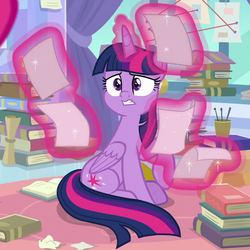 Size: 703x702 | Tagged: safe, screencap, twilight sparkle, alicorn, pony, g4, the ending of the end, book, concerned, cropped, female, glowing horn, gritted teeth, horn, letter, magic, mare, sitting, solo, telekinesis, twilight sparkle (alicorn), worried