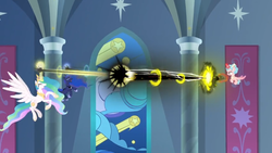 Size: 1366x768 | Tagged: safe, screencap, cozy glow, princess celestia, princess luna, alicorn, pony, g4, season 9, the ending of the end, alicornified, archway, banner, bell, blast, cozycorn, dark magic, eyes closed, female, filly, flying, foal, glowing, glowing horn, grogar's bell, halo, horn, levitation, light magic, magic, magic beam, magic blast, mare, open mouth, pure concentrated unfiltered evil of the utmost potency, pure unfiltered evil, race swap, spread wings, stained glass, telekinesis, wings