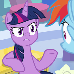 Size: 1078x1078 | Tagged: safe, screencap, rainbow dash, twilight sparkle, alicorn, pegasus, pony, g4, the ending of the end, angry, annoyed, cropped, duo, female, frown, gesture, leaning, mare, reaction image, twilight sparkle (alicorn)