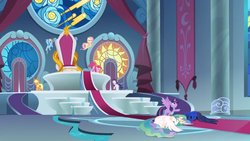 Size: 1366x768 | Tagged: safe, screencap, applejack, fluttershy, pinkie pie, princess celestia, princess luna, rainbow dash, rarity, twilight sparkle, alicorn, pony, g4, the ending of the end, banner, carpet, curtains, female, mane six, stained glass, throne, throne room, twilight sparkle (alicorn)