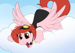 Size: 4093x2894 | Tagged: safe, artist:sugaryviolet, oc, oc only, oc:weathervane, pegasus, pony, clothes, cloud, crouching, female, headset, looking down, mare, microphone, shirt, solo, spread wings, wings
