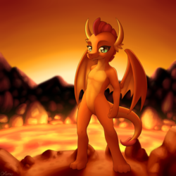 Size: 4000x4000 | Tagged: safe, artist:ohemo, smolder, dragon, g4, absurd resolution, dragoness, female, lava, looking at you, solo, volcano