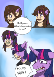 Size: 2480x3507 | Tagged: safe, artist:mcsplosion, twilight sparkle, human, comic:twi-tulpa, g4, about to scream, comic, confused, descriptive noise, high res, horn, horn growth, horse noises, human to pony, long hair, male, male to female, panic, pony face, rule 63, scared, transformation, transgender transformation, twilighting, unwilling transformation, whinny