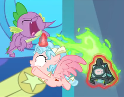 Size: 982x768 | Tagged: safe, screencap, cozy glow, spike, alicorn, pony, g4, the ending of the end, alicornified, attempted murder, bell, bow, cozybuse, cozycorn, cropped, dragon breath, fire, fire breath, flying, grogar's bell, levitation, magic, race swap, stained glass, tail bow, telekinesis