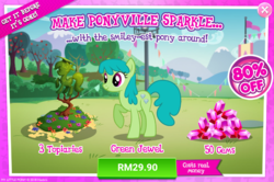 Size: 1037x690 | Tagged: safe, gameloft, green jewel, earth pony, pony, g4, advertisement, background pony, costs real money, female, gem, introduction card, mare, raised hoof, sale, topiary