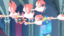 Size: 1366x768 | Tagged: safe, screencap, cozy glow, alicorn, bird, goose, pony, g4, the ending of the end, alicornified, attack, banner, bell, cozybuse, cozycorn, flock, flying, geese, grogar's bell, levitation, magic, race swap, stained glass, telekinesis