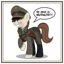 Size: 1024x1024 | Tagged: safe, artist:brony-works, pony, angry, bloodshot eyes, boots, clothes, female, gritted teeth, hat, holster, mare, officer, shoes, solo, speech bubble, sweden, swedish, translated in the description, uniform, vector, world war ii