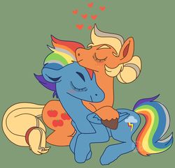 Size: 1280x1234 | Tagged: safe, artist:thebirbdraws, applejack, rainbow dash, pony, g4, the last problem, duo, eyes closed, female, heart, lesbian, older, older applejack, older rainbow dash, prone, ship:appledash, shipping, signature, simple background, snuggling