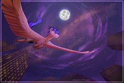 Size: 4500x3000 | Tagged: safe, artist:dreameroftheblue, oc, oc only, oc:crushingvictory, pony, city, flying, full moon, grin, male, moon, pegasus oc, signature, skyscraper, smiling, solo, spread wings, stallion, stars, wings
