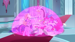 Size: 1366x768 | Tagged: safe, screencap, applejack, discord, fluttershy, pinkie pie, princess celestia, princess luna, rainbow dash, rarity, spike, twilight sparkle, alicorn, draconequus, dragon, earth pony, pony, g4, the ending of the end, banner, carpet, dome, door, magic, mane six, shield, stained glass, twilight sparkle (alicorn), winged spike, wings