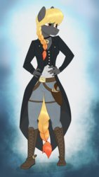 Size: 1691x3001 | Tagged: safe, artist:dyonys, oc, oc only, oc:sunrise hope, earth pony, anthro, abstract background, belt, braid, choker, clothes, coat, compass, female, gun, handgun, revolver, solo, standing, steampunk, weapon