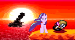 Size: 762x416 | Tagged: safe, artist:mega-poneo, edit, edited screencap, screencap, starlight glimmer, pony, unicorn, g4, the ending of the end, badass, battleship halberd, cliff, cool guys don't look at explosions, crossover, explosion, female, game screencap, kirby (series), kirby super star, lidded eyes, mare, revenge of meta knight, starlight glimmer in places she shouldn't be, sun, video game, walking away from explosion, weapon, wheelie (kirby)