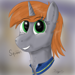 Size: 1600x1600 | Tagged: safe, artist:kalashnikitty, oc, oc only, oc:littlepip, pony, unicorn, fallout equestria, boopable, bust, clothes, cute, fanfic, fanfic art, female, grin, horn, jumpsuit, mare, pipbuck, portrait, smiling, solo, squee, vault suit