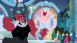 Size: 1366x768 | Tagged: safe, screencap, cozy glow, lord tirek, queen chrysalis, g4, the ending of the end, bell, belly, bracer, broken, damaged property, flying, grogar's bell, laughing, nose piercing, nose ring, piercing, septum piercing, shards, shattered, throne room