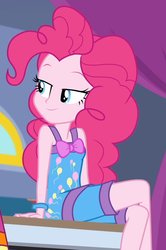 Size: 639x961 | Tagged: safe, screencap, pinkie pie, equestria girls, equestria girls series, g4, sunset's backstage pass!, spoiler:eqg series (season 2), bow, clothes, cropped, crossed legs, female, legs, nightgown, pajamas, sitting, sleeveless, solo