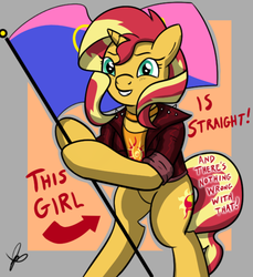 Size: 550x600 | Tagged: safe, artist:thedrizzle404, sunset shimmer, pony, unicorn, g4, arrow, bipedal, choker, clothes, female, flag, flag pole, grin, hoof hold, jacket, jewelry, leather jacket, looking at you, mare, pride, pride flag, signature, smiling, solo, squee, standing upright, straight pride, straight pride flag, text, this cat is gay and there's nothing you can do about it