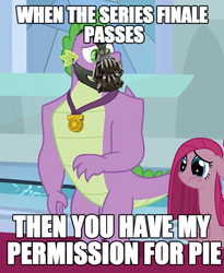 Size: 884x1080 | Tagged: safe, edit, edited screencap, screencap, pinkie pie, spike, dragon, pony, g4, the last problem, adult, bane, baneposting, canterlot castle, caption, cropped, crying, dc comics, food, gigachad spike, image macro, mask, meme, older, older spike, pie, text, winged spike, wings