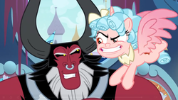 Size: 1366x768 | Tagged: safe, screencap, cozy glow, lord tirek, alicorn, pony, g4, the ending of the end, alicornified, cozycorn, evil, evil grin, grin, looking at each other, nose piercing, nose ring, piercing, race swap, septum piercing, sinister, smiling, smirk