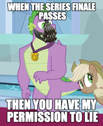 Size: 884x1080 | Tagged: safe, edit, edited screencap, screencap, applejack, spike, dragon, pony, g4, the last problem, adult, bane, baneposting, canterlot castle, caption, cropped, dc comics, gigachad spike, image macro, liar face, liarjack, lying, mask, meme, older, older spike, scrunchy face, text, the dark knight rises, winged spike, wings