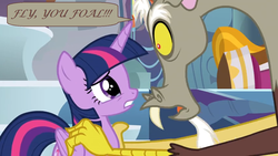 Size: 1366x768 | Tagged: safe, edit, edited screencap, screencap, discord, twilight sparkle, alicorn, draconequus, pony, g4, the ending of the end, crying, duo, female, fly you fools, lord of the rings, male, movie reference, reference, scared, speech bubble, tears of fear, twilight sparkle (alicorn)