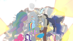 Size: 1366x768 | Tagged: safe, screencap, applejack, discord, fluttershy, pinkie pie, princess celestia, princess luna, rainbow dash, rarity, spike, alicorn, draconequus, dragon, earth pony, pegasus, pony, unicorn, g4, season 9, the ending of the end, barrier, blast, blinding flare, bright, butt, crown, eyes closed, female, flying, frown, gritted teeth, jewelry, light, magic, magic beam, magic blast, male, mare, moonbutt, peytral, plot, pushing, regalia, rock, simple background, this will end in death, this will end in tears, this will end in tears and/or death, white background, winged spike, wings
