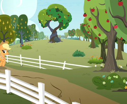 Size: 629x513 | Tagged: safe, screencap, applejack, earth pony, pony, g4, the last problem, apple, apple tree, cropped, female, fence, food, intertwined trees, pear, pear tree, solo, tree