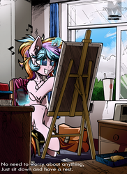 Size: 2225x3061 | Tagged: safe, artist:movieskywalker, derpibooru exclusive, oc, oc only, oc:oofy colorful, pony, unicorn, bag, book, cellphone, chair, clock, clothes, curtains, desk, drawing, earbuds, easel, eraser, fluffy, high res, magic, milk tea, music, phone, scarf, sky, smiling, solo, window