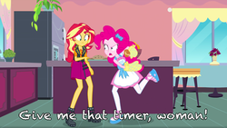 Size: 1440x810 | Tagged: safe, edit, edited screencap, screencap, pinkie pie, sunset shimmer, equestria girls, equestria girls series, g4, holidays unwrapped, saving pinkie's pie, spoiler:eqg series (season 2), angry pinkie pie, caption, duo, image macro, oven mitts, text