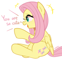 Size: 2700x2596 | Tagged: safe, artist:maren, fluttershy, pegasus, pony, g4, cute, dialogue, female, high res, juxtaposition bait, open mouth, profile, shyabetes, simple background, sitting, solo, white background