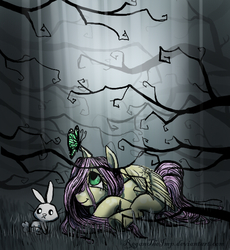 Size: 513x557 | Tagged: safe, artist:quiet-imps, angel bunny, fluttershy, butterfly, pegasus, pony, rabbit, g4, animal, dark, duo, female, forest, hair over one eye, looking up, male, mare, prone, scary, smiling
