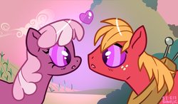 Size: 3000x1746 | Tagged: safe, artist:kilo, big macintosh, cheerilee, earth pony, pony, g4, hearts and hooves day (episode), female, looking at each other, love poison, male, scene interpretation, straight, swirly eyes