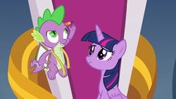 Size: 1920x1080 | Tagged: safe, screencap, spike, twilight sparkle, alicorn, dragon, pony, g4, the ending of the end, measuring tape, twilight sparkle (alicorn), winged spike, wings