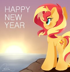 Size: 792x818 | Tagged: safe, artist:oc_ponys, sunset shimmer, pony, unicorn, g4, cute, facing away, female, happy new year, holiday, ocean, shimmerbetes, solo, sun, sunset
