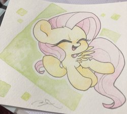 Size: 2048x1845 | Tagged: safe, artist:oc_ponys, fluttershy, pegasus, pony, g4, blushing, chibi, cute, eyes closed, female, flying, mare, open mouth, photo, shyabetes, solo, traditional art, watercolor painting