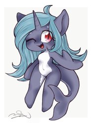 Size: 1536x2048 | Tagged: safe, artist:oc_ponys, oc, oc:orca, orca, orca pony, original species, semi-anthro, arm hooves, chibi, female, one eye closed, pale belly, red eyes, simple background, white background