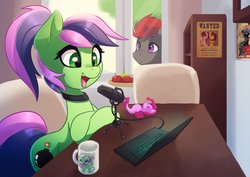 Size: 3508x2480 | Tagged: safe, artist:darksittich, oc, earth pony, pony, computer, high res, laptop computer, microphone, mug, wanted poster