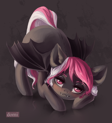 Size: 2665x2953 | Tagged: safe, artist:domidelance, oc, oc only, bat pony, pony, bat pony oc, bedroom eyes, cute, cute little fangs, face down ass up, fangs, female, heart eyes, high res, looking at you, mare, solo, wingding eyes