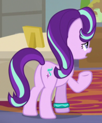Size: 398x478 | Tagged: safe, screencap, starlight glimmer, pony, unicorn, g4, student counsel, butt, cropped, female, glimmer glutes, mare, open mouth, plot, raised hoof, rear view, solo